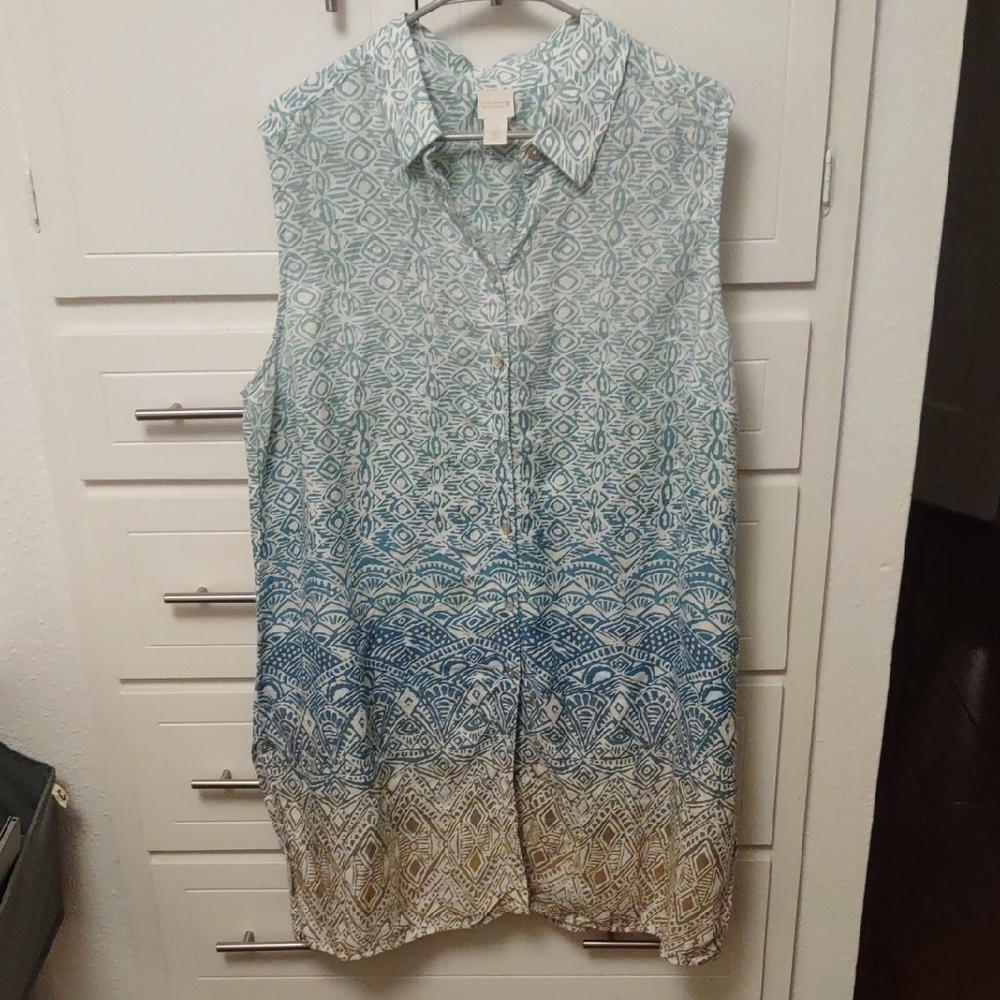 Chico's Ombre Patterned Linen Sleeveless Shirt Dress